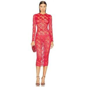 NWT Fleur du Mal Rosalia Lace Long Sleeve Midi Dress Red Size S
